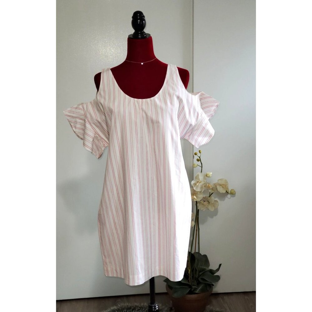 NWT Madewell Rose Stripe Bell Sleeves Cold-Shoulder Dress Size L 1046 - Picture 2 of 10